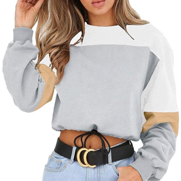 Drawstring Color Block Crop Pullover - Picture 1 of 3